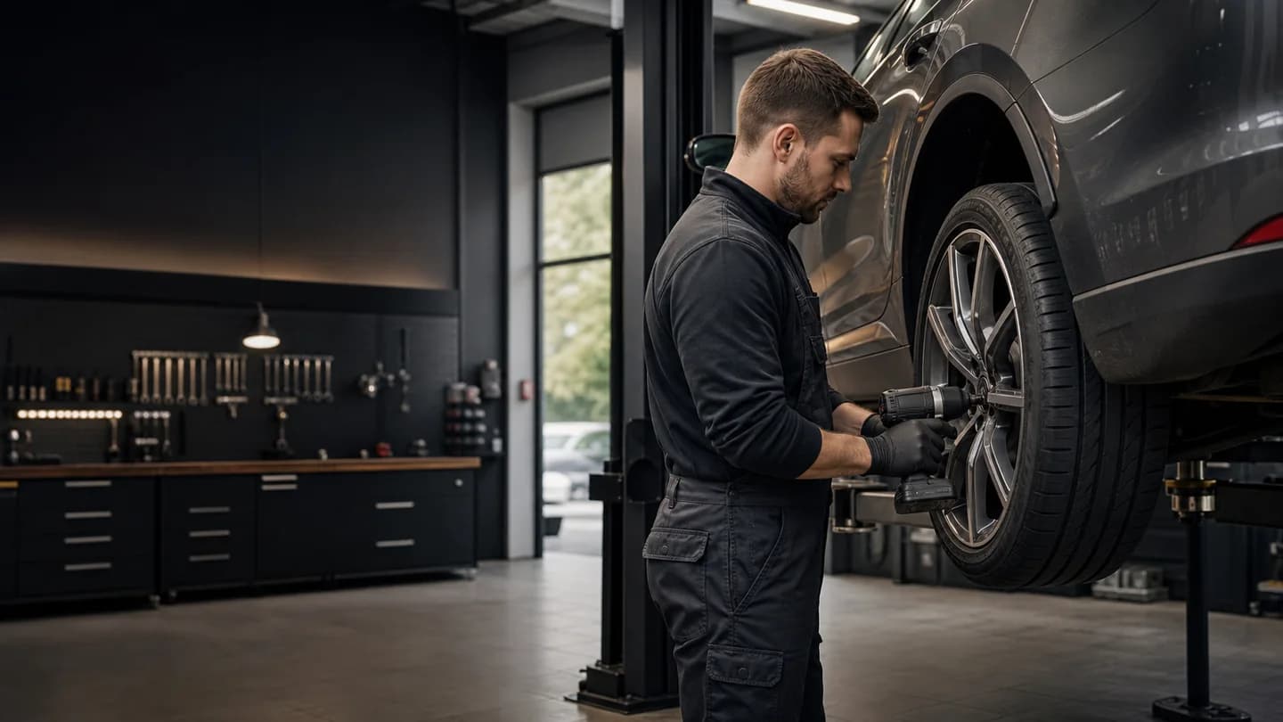 Mechaniker montiert ein Rad in einer modernen Werkstatt